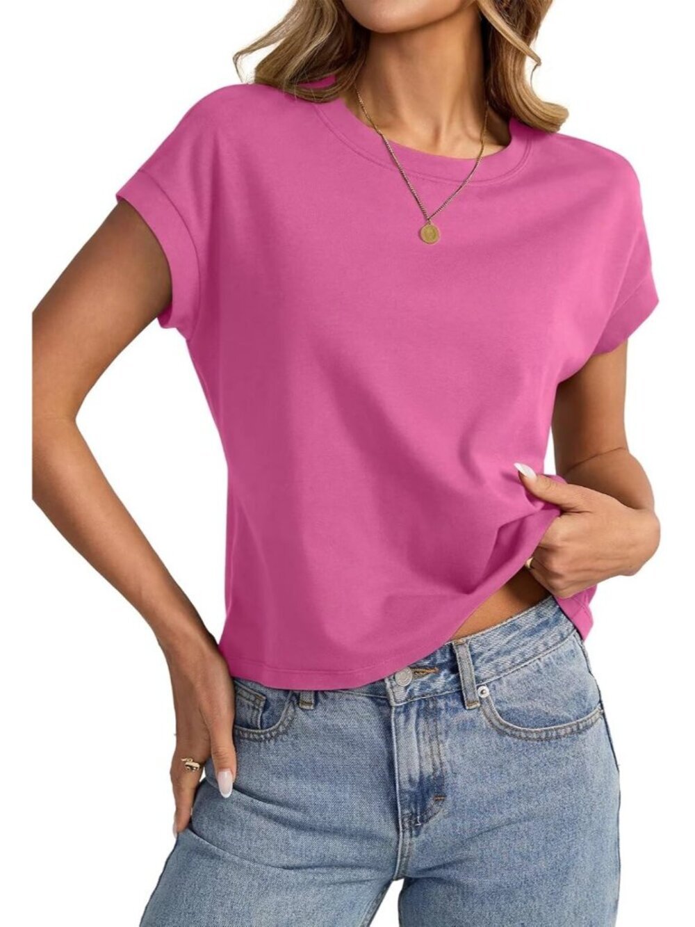 Women's Hot Pink Cap Sleeve Crewneck Loose Fit Casual Summer Pull On Crop Tops